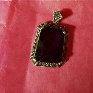 ART DECO AMETHYST &SILVER MARCASITE SQUARE PENDANT